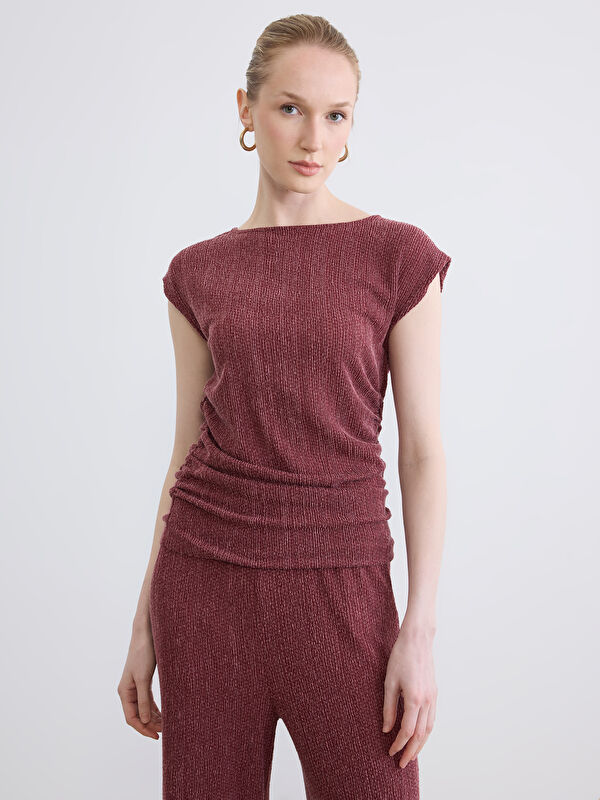 LCW EVERYDAY Crew Neck Ruched Textured Blouse
