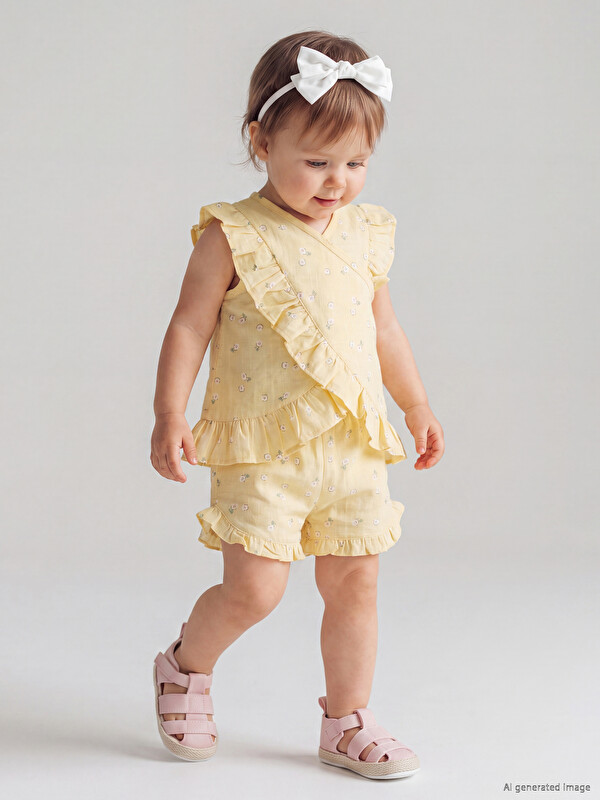 LCW baby Floral Frill Detail Baby Girls' Blouse and Shorts Set
