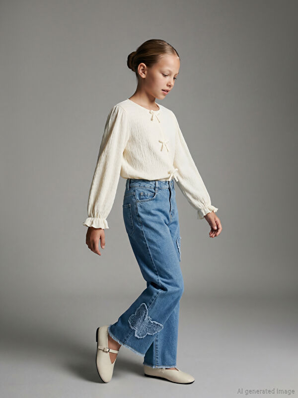 LCW Kids Wideleg Nakışlı Kız Çocuk Jean Pantolon