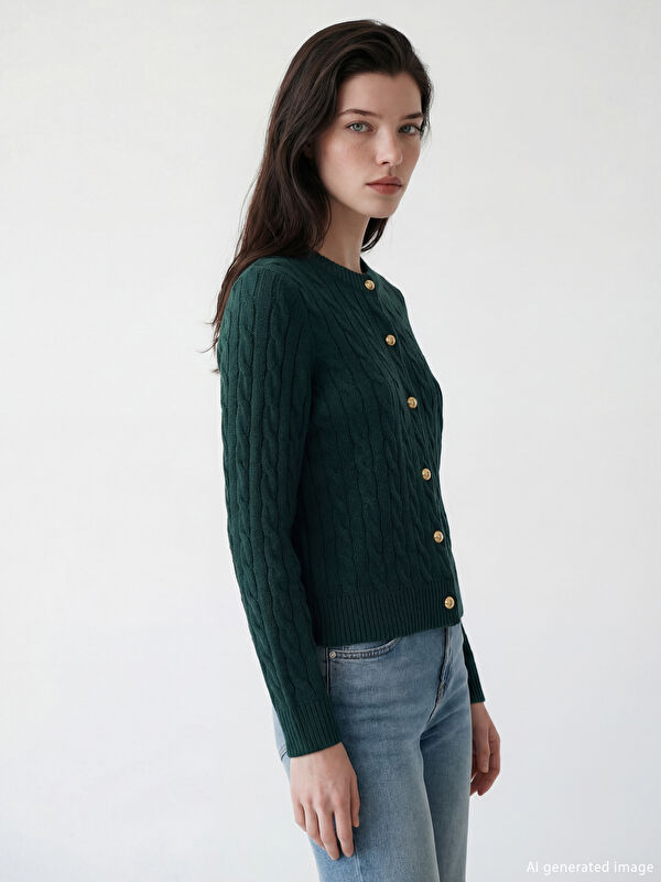 LCW Comfort Bisiklet Yaka Desenli Kadın Triko Hırka	