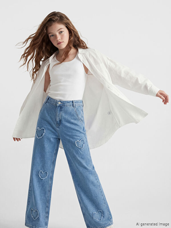 LCW Kids Wideleg Nakışlı Kız Çocuk Jean Pantolon