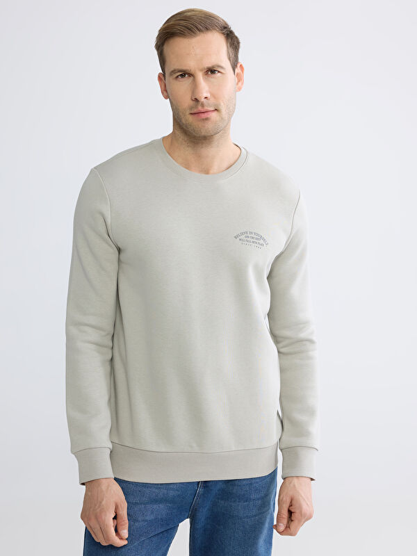 LCWAIKIKI Classic Bisiklet Yaka Baskılı Erkek Kalın Sweatshirt