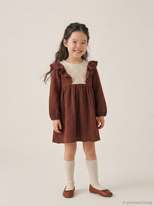 LCW Kids Fırfırlı Nakışlı Kız Çocuk Müslin Elbise
