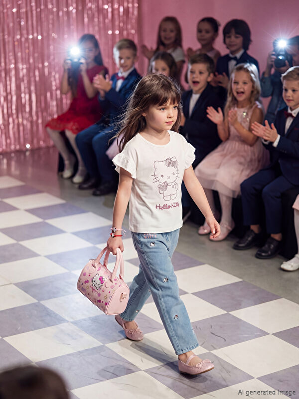 LCW Kids Regular Fit Hello Kitty Nakışlı Kız Çocuk Jean Pantolon