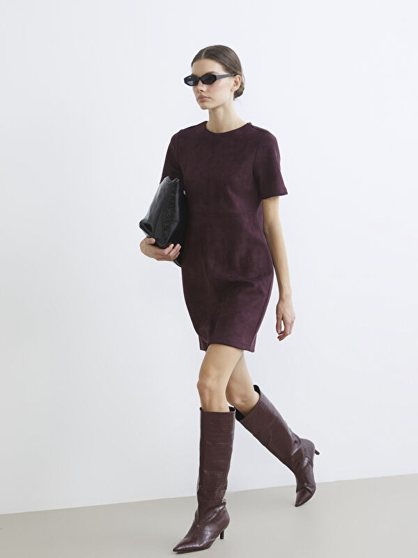 LCW Vision Crew Neck Faux Suede Mini Dress