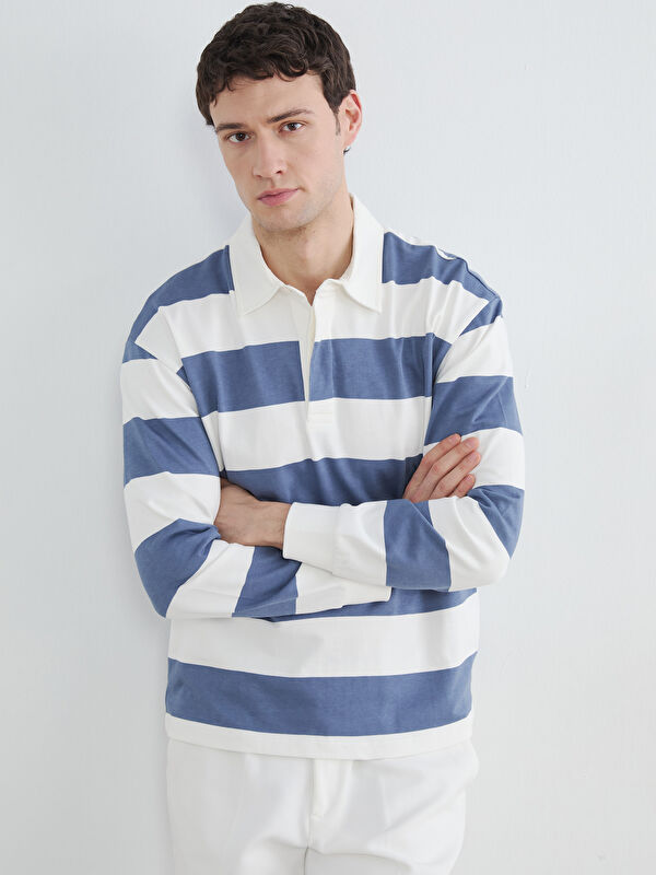 LCW Vision Polo Yaka Çizgili Erkek Sweatshirt