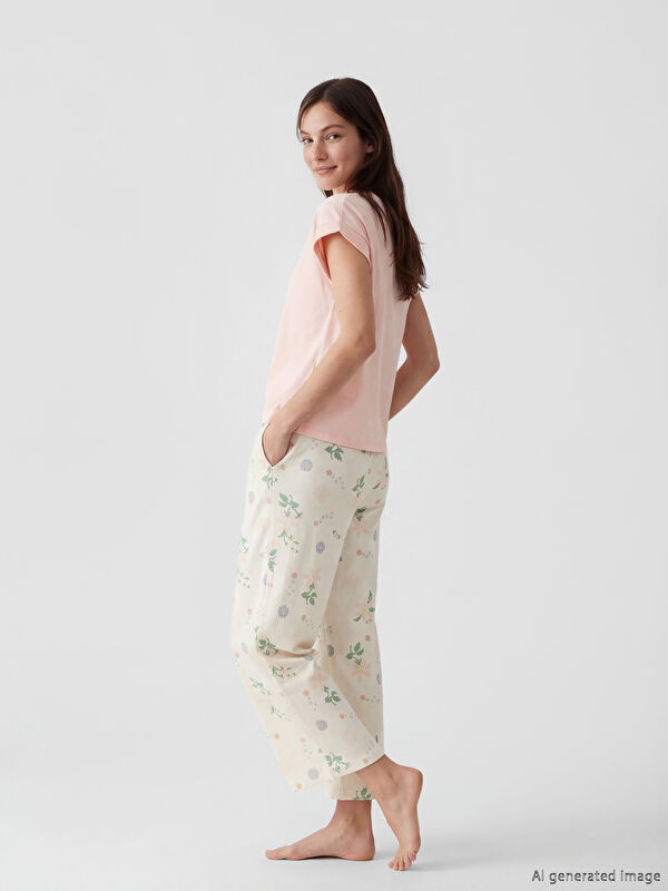 LCW DREAM Bisiklet Yaka Desenli Kadın Kaprili Pijama Takımı
