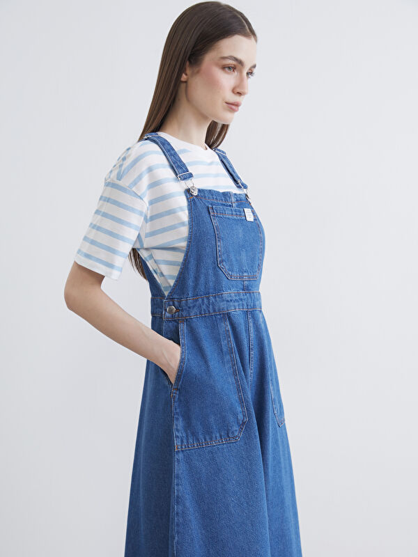 LCW Modest Kare Yaka Jean Salopet Elbise
