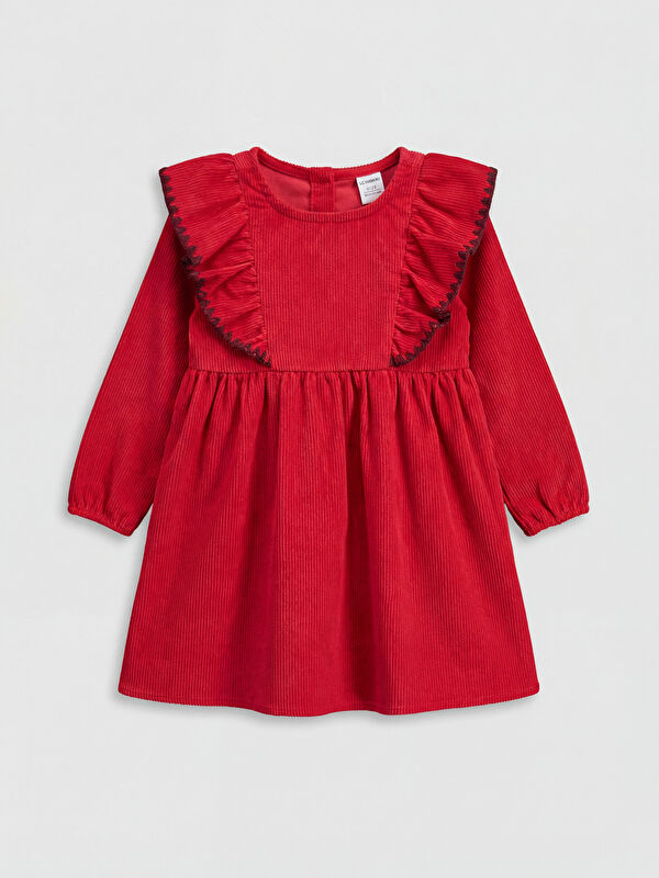 LCW Kids Crew Neck Ruffled Girls' Velvet Dress