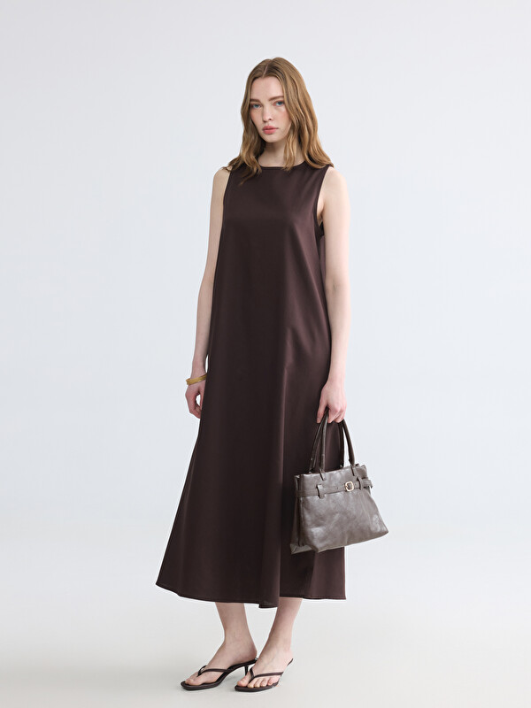 LCW Modest Crew Neck Linen Blend A Form Dress