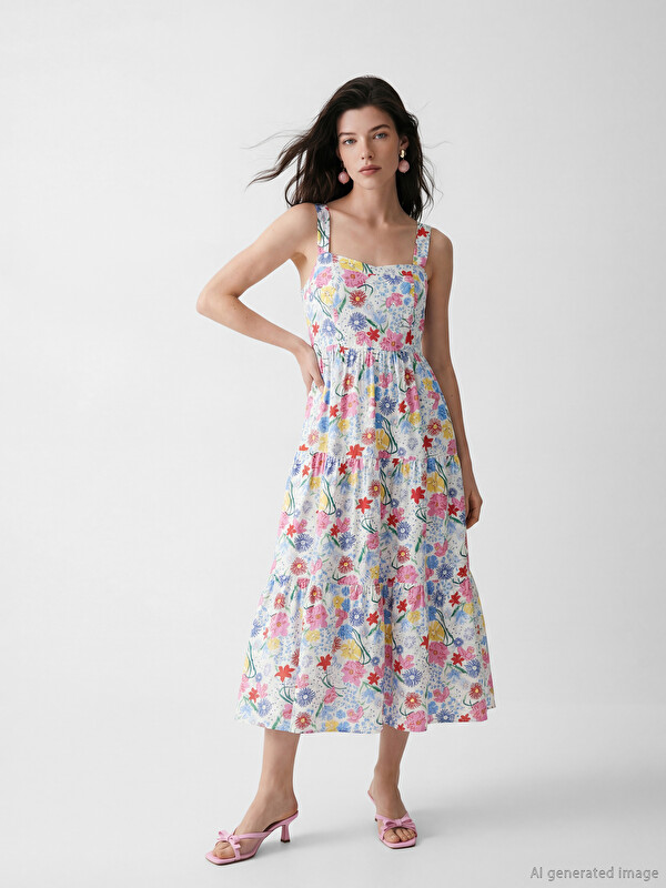 LCW Comfort Square Neck Floral Tiered Dress