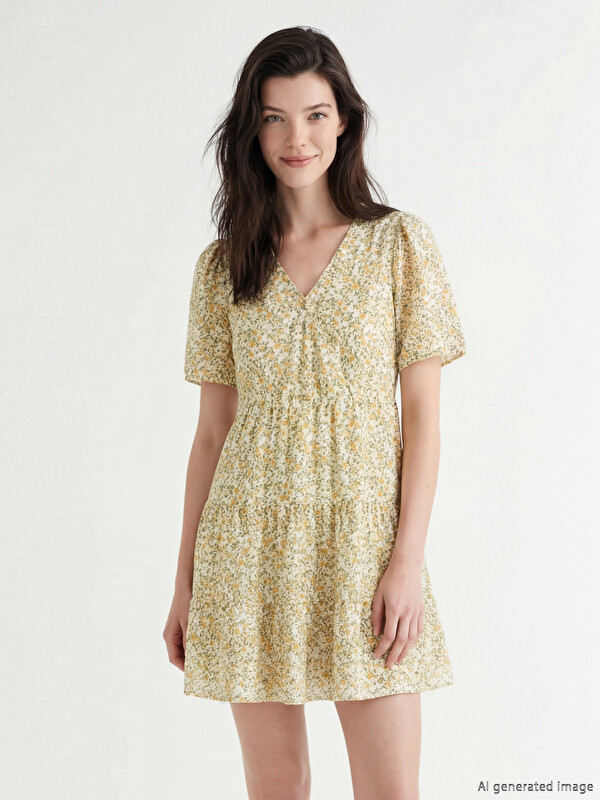 LCW Comfort V Neck Floral Fitted Waist Mini Dress