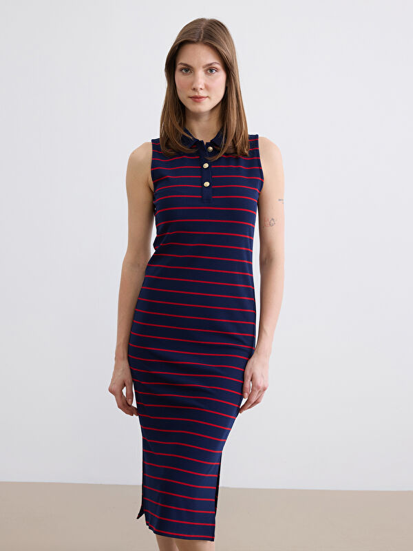 LCW Comfort Polo Neck Striped Slit Dress