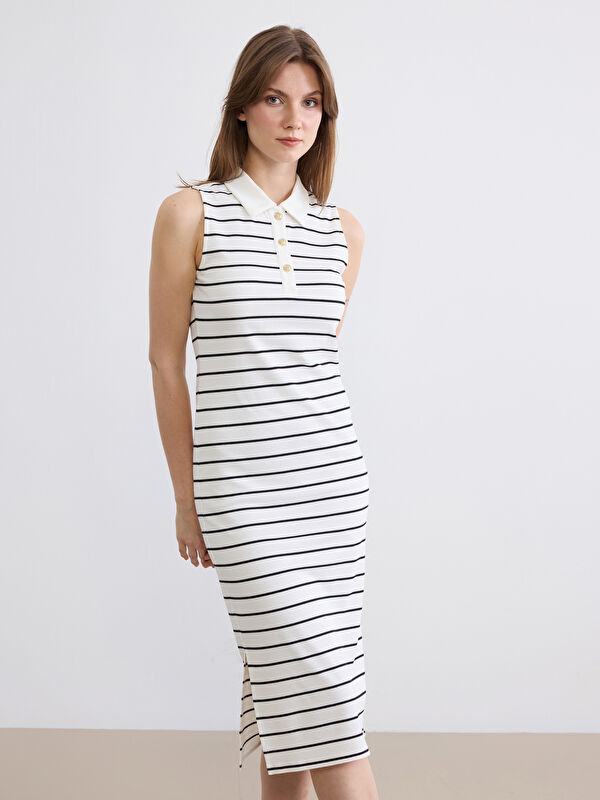 LCW Comfort Polo Neck Striped Slit Dress