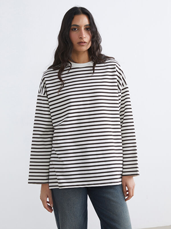 LCW Modest Çizgili Oversize Kadın Sweatshirt Tunik