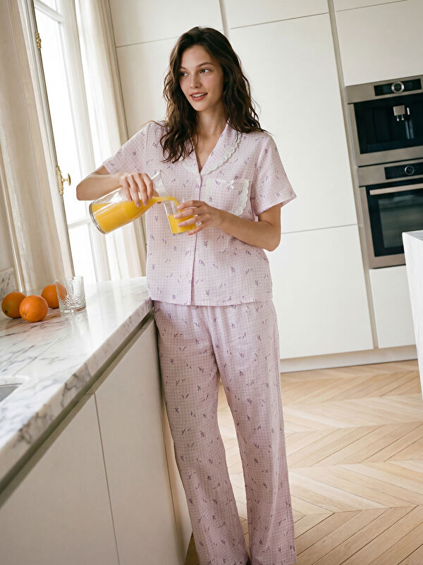 LCW DREAM Dantelli Gömlek Yaka Kadın Pijama Takım