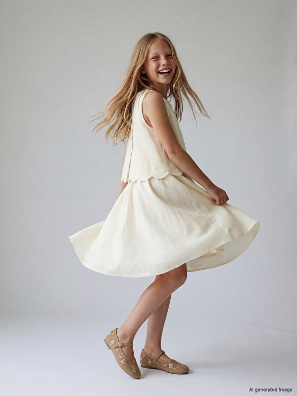 LCW Kids Crew Neck Embroidered Girls' Poplin Dress