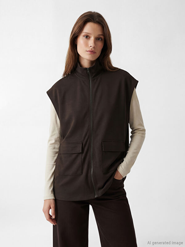 LCW Modest Dik Yaka Oversize Büzgülü Kadın Yelek
