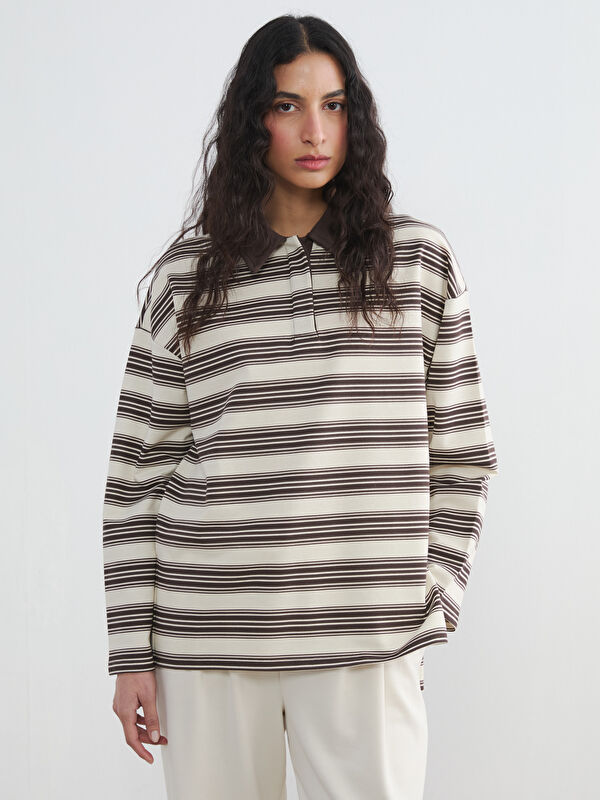 LCW Modest Polo Yaka Çizgili Kadın Sweatshirt Tunik