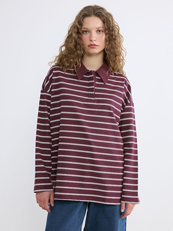 LCW Modest Polo Yaka Çizgili Kadın Sweatshirt Tunik
