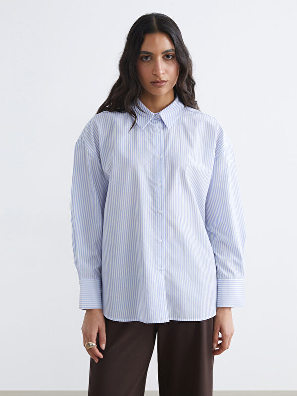 LCW Modest Çizgili Poplin Kadın Gömlek