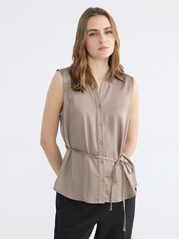 LCW STUDIO Collared Neck Sash Detailed Satin Women's Blouse