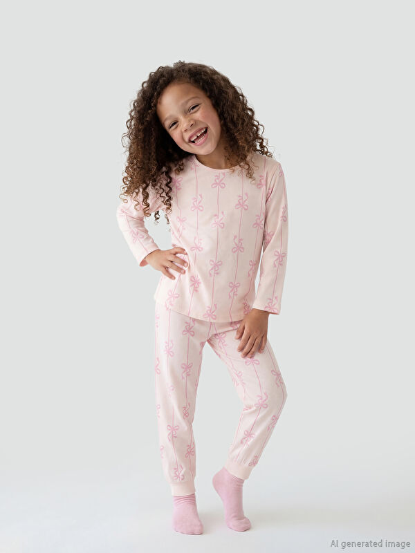 LCW Kids Fiyonk Desenli Kız Çocuk Pijama Takımı