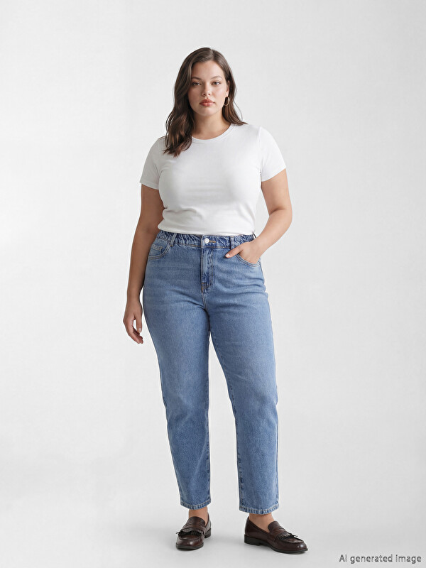 LCW Comfort Beli Lastikli Mom Fit Kadın Jean Pantolon