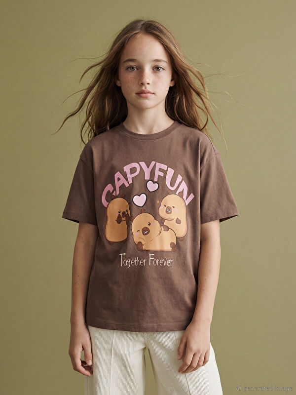 LCW Kids Bisiklet Yaka Capyfun Baskılı Kız Çocuk Tişört