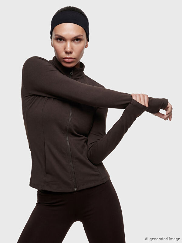 KOOR SPORT Dik Yaka Parmak Geçmeli Kadın Fermuarlı Sweatshirt	