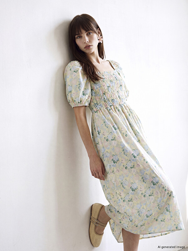 XSIDE Square Neck Floral Puff Sleeve Poplin Dress