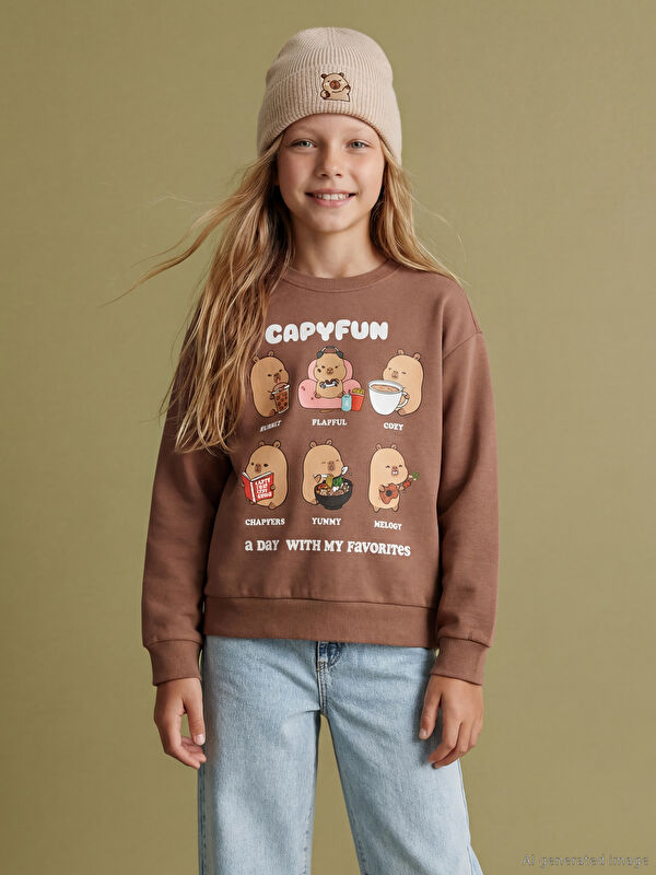 LCW Kids Capyfun Baskılı Kız Çocuk Kalın Sweatshirt