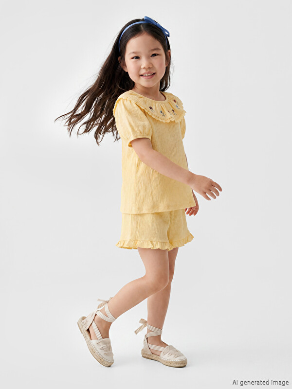LCW Kids Nakışlı Kız Çocuk Şortlu Takım