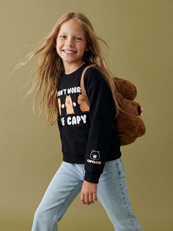 LCW Kids Capyfun Baskılı Kız Çocuk Kalın Sweatshirt