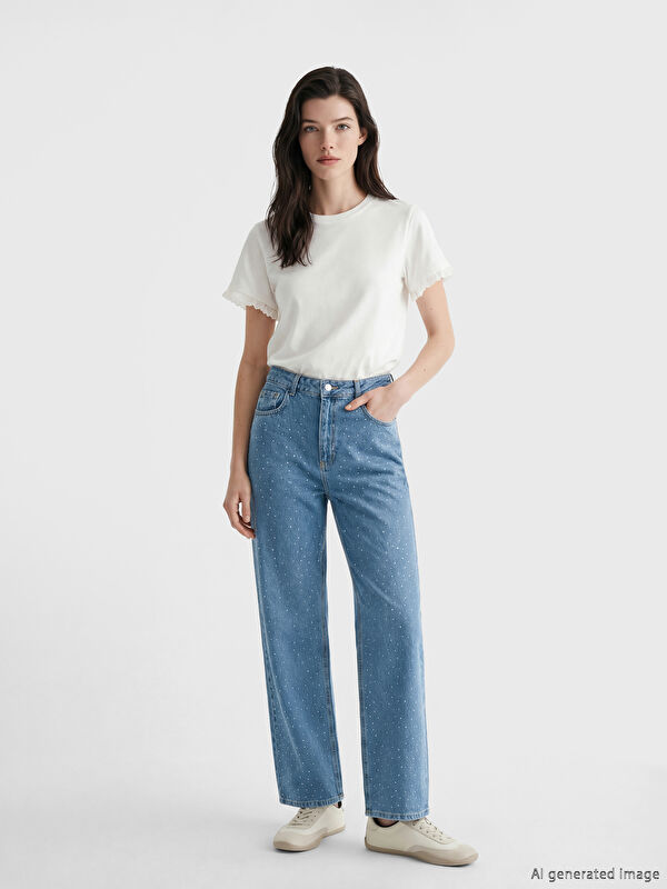 LCW Comfort Wideleg Taşlı Kadın Jean Pantolon