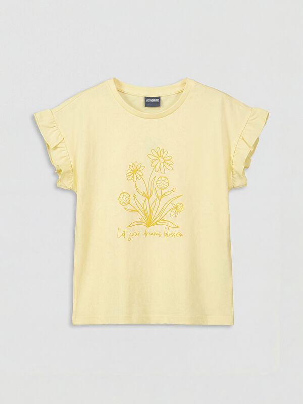LCW Kids Crew Neck Frilled Printed Girls' T-Shirt