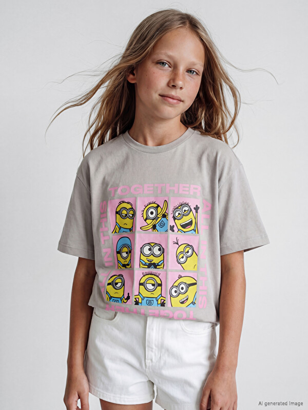 LCW Kids Bisiklet Yaka Minions Baskılı Kız Çocuk Tişört