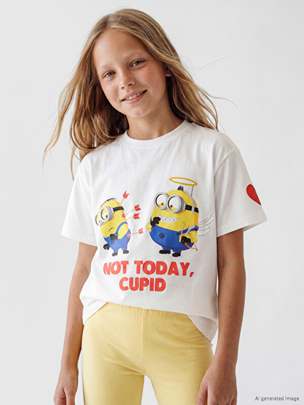 LCW Kids Bisiklet Yaka Minions Baskılı Kız Çocuk Tişört