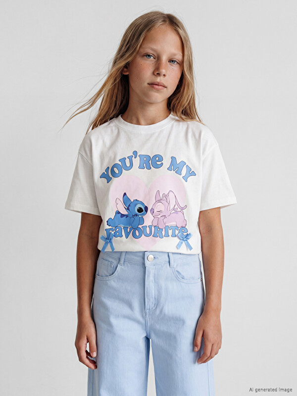 LCW Kids Stitch ve Angel Baskılı Kız Çocuk Tişört