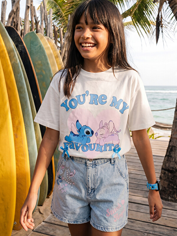 LCW Kids Stitch ve Angel Baskılı Kız Çocuk Tişört
