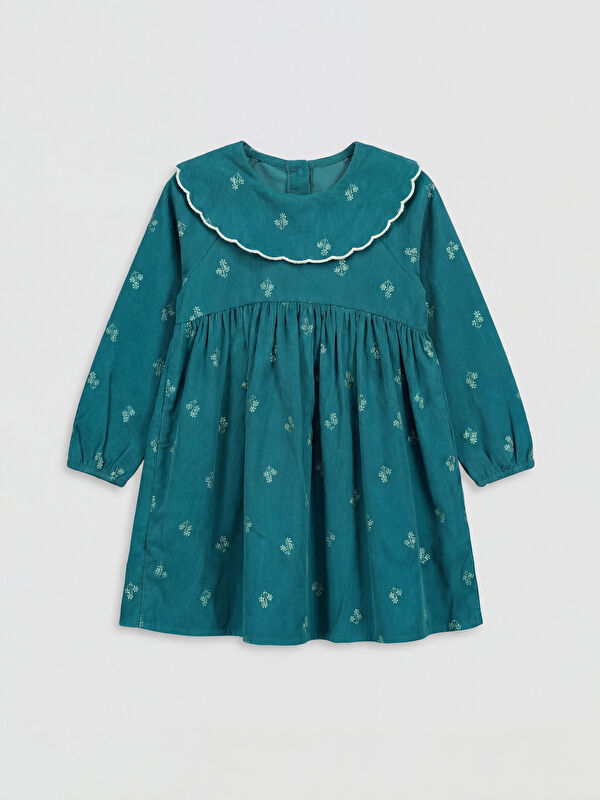LCW Kids Peter Pan Collar Embroidered Girls' Velvet Dress