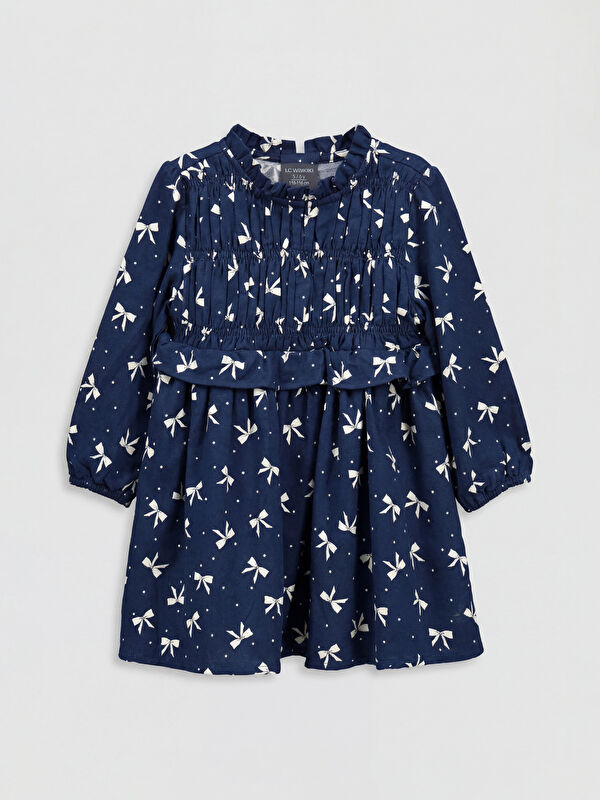LCW Kids Grandad Collar Bow Patterned Girls' Poplin Dress
