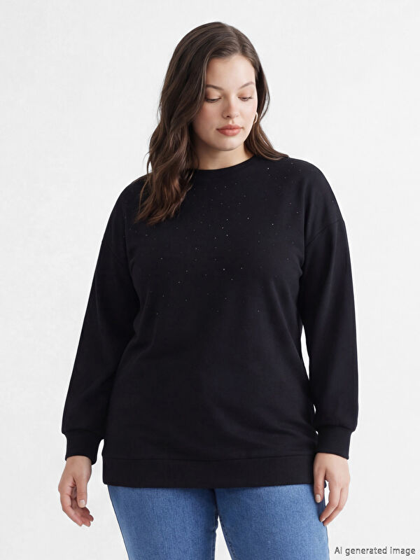 LCW Modest Bisiklet Yaka Taşlı Kadın Sweatshirt Tunik