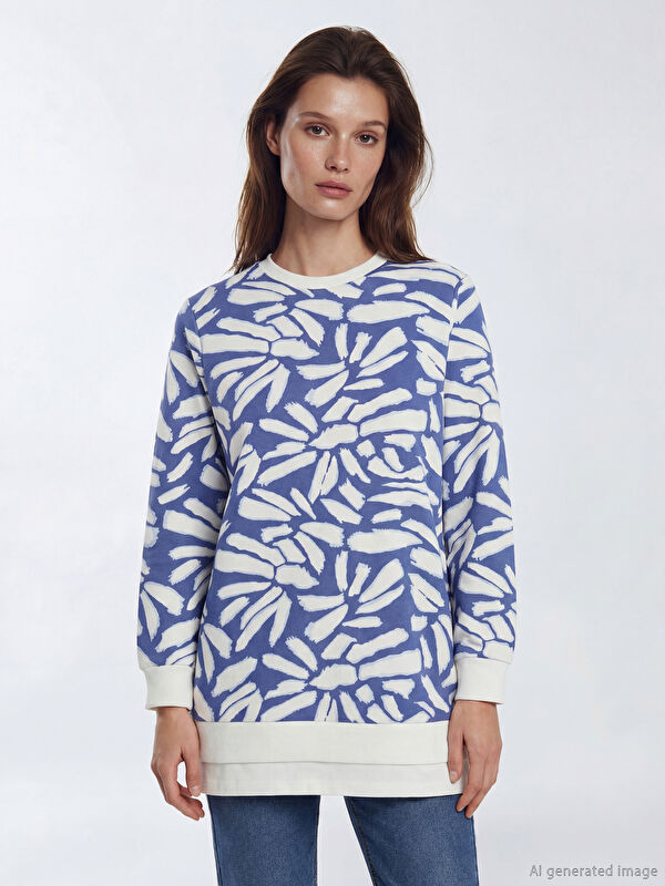 LCW Modest Bisiklet Yaka Desenli Kadın Sweatshirt Tunik