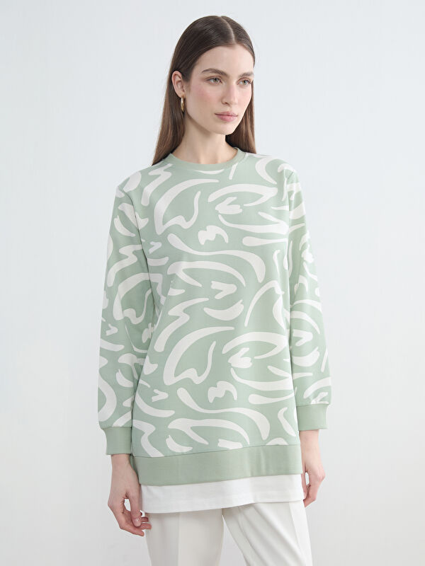 LCW Modest Bisiklet Yaka Desenli Kadın Sweatshirt Tunik