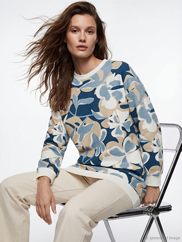 LCW Modest Bisiklet Yaka Desenli Kadın Sweatshirt Tunik	