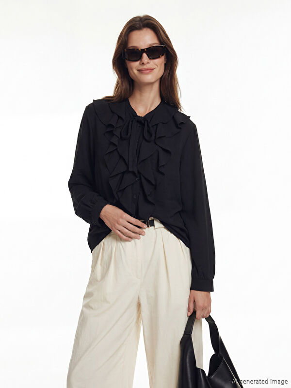 LCW Modest Bağlamalı Yaka Fırfırlı Oversize Bluz