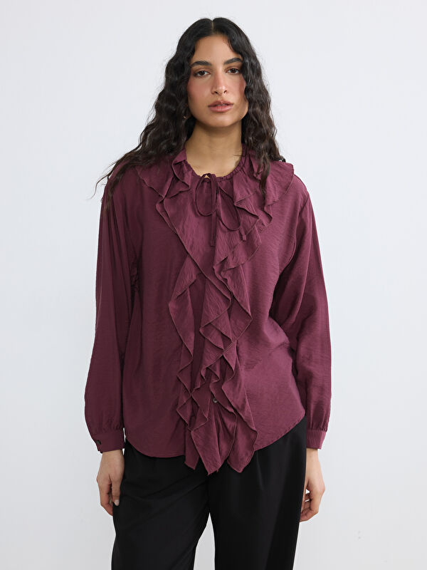 LCW Modest Bağlamalı Yaka Fırfırlı Oversize Bluz