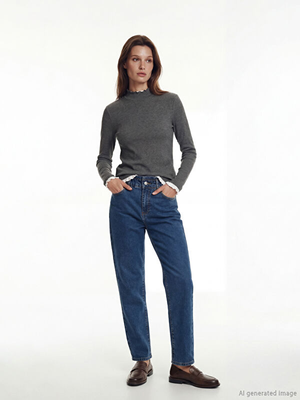 LCW Modest Beli Lastikli Mom Fit Kadın Jean Pantolon