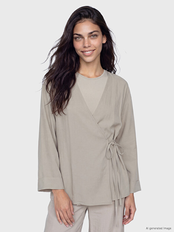 LCW Modest Double Breasted Collar Textured Modal Blend Women's Kimono